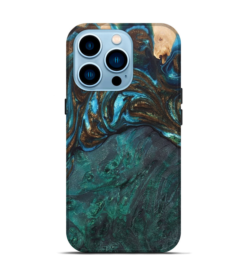 iPhone 14 Pro Wood+Resin Live Edge Phone Case - Sara (Teal & Gold, 662600)