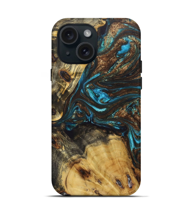 iPhone 15 Wood+Resin Live Edge Phone Case - Debra (Teal & Gold, 662601)