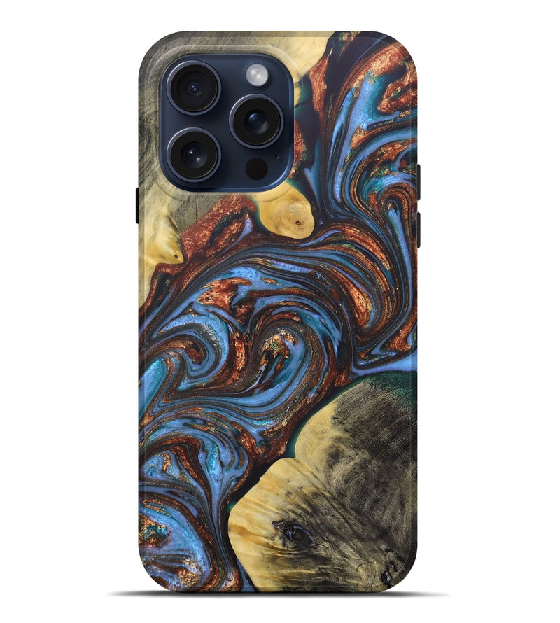 iPhone 15 Pro Max Wood+Resin Live Edge Phone Case - Gregory (Teal & Gold, 662620)