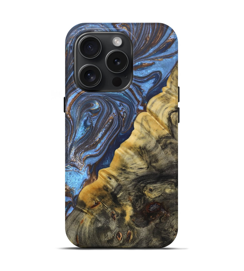 iPhone 15 Pro Wood+Resin Live Edge Phone Case - Dionne (Teal & Gold, 662621)