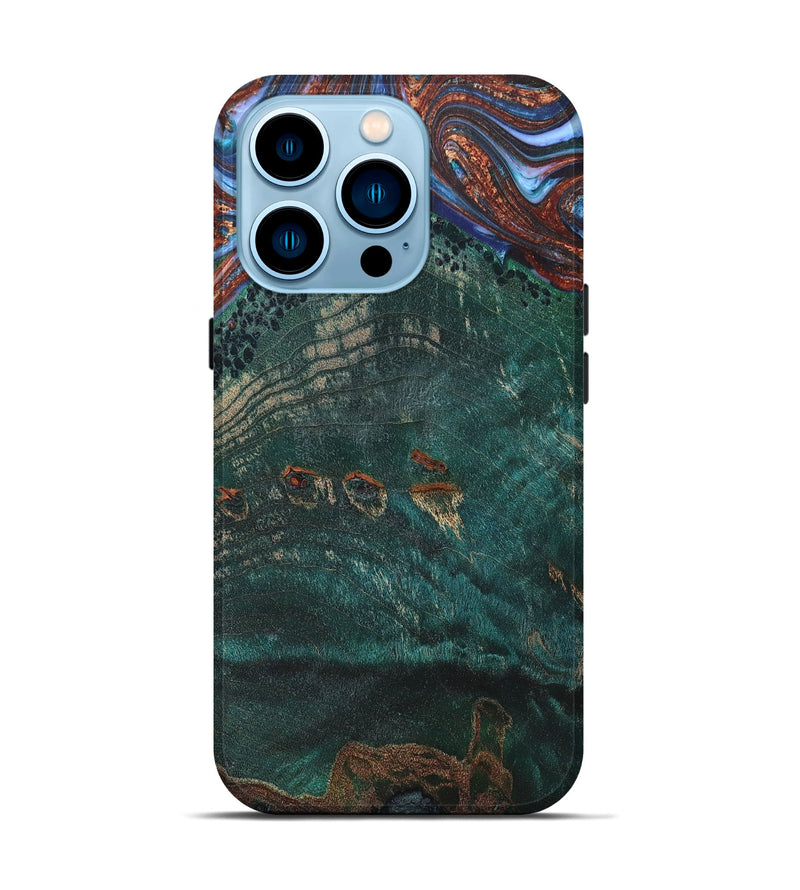 iPhone 14 Pro Wood+Resin Live Edge Phone Case - Cathleen (Teal & Gold, 662623)