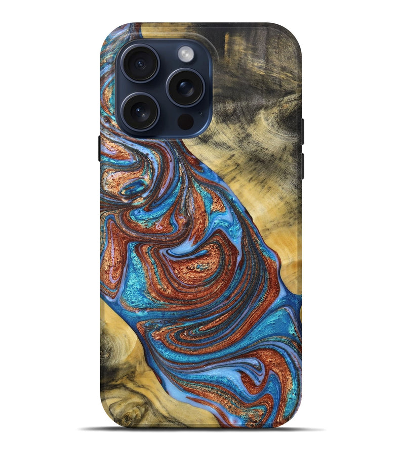 iPhone 15 Pro Max Burl Wood Live Edge Phone Case - Roman (Teal & Gold, 662630)