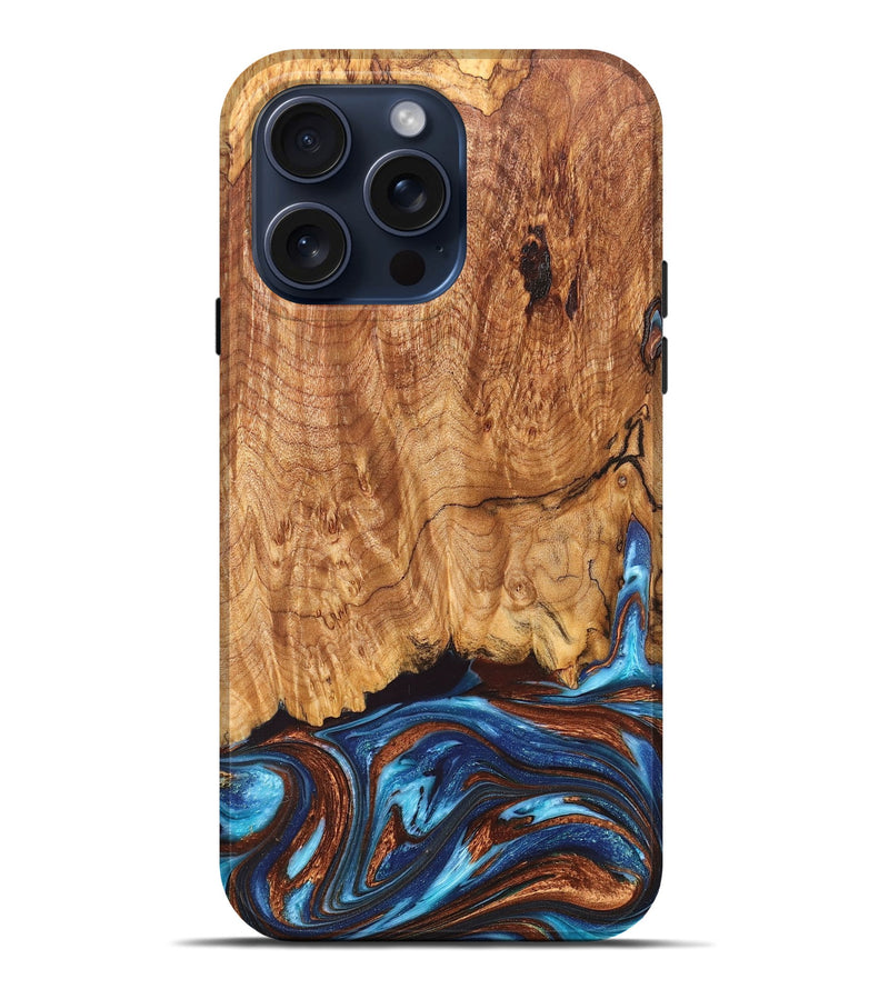 iPhone 15 Pro Max Wood+Resin Live Edge Phone Case - Mallory (Teal & Gold, 663087)