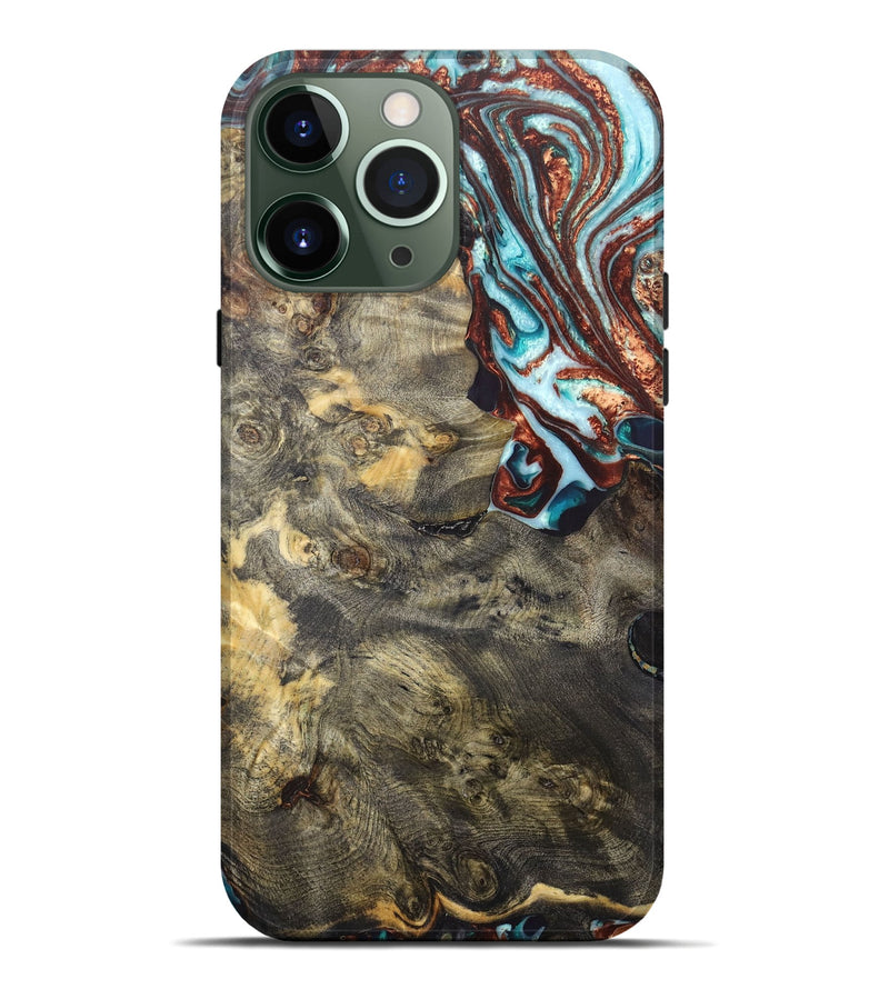iPhone 13 Pro Max Wood+Resin Live Edge Phone Case - Wilfred (Teal & Gold, 663100)