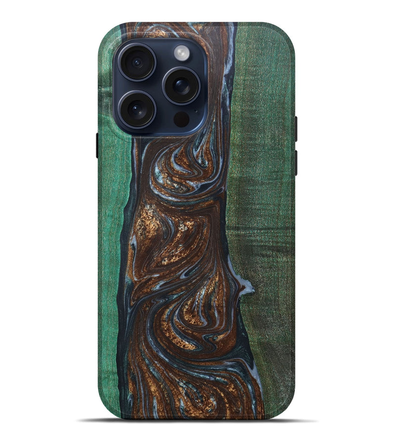 iPhone 15 Pro Max Wood+Resin Live Edge Phone Case - Perla (Teal & Gold, 663101)