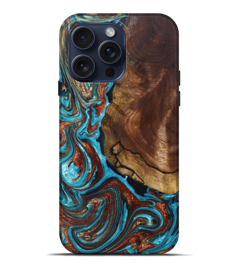 iPhone 15 Pro Max Wood+Resin Live Edge Phone Case - Leticia (Teal & Gold, 663111)