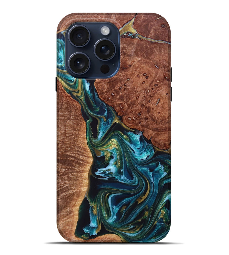 iPhone 15 Pro Max Wood+Resin Live Edge Phone Case - Laura (Teal & Gold, 663113)