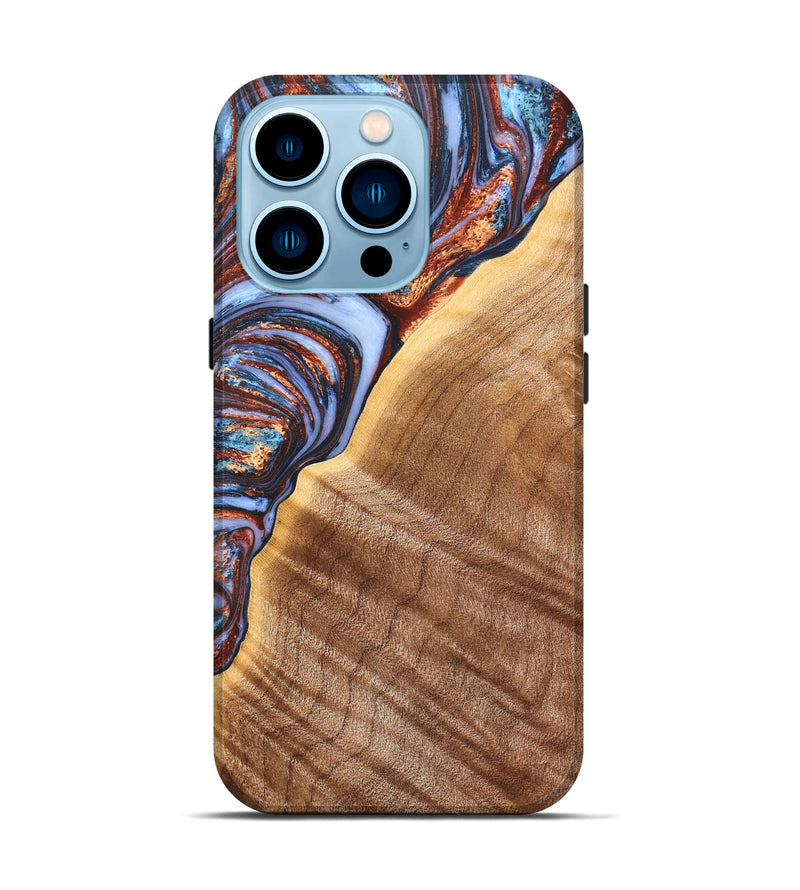 iPhone 14 Pro Wood+Resin Live Edge Phone Case - Valeria (Teal & Gold, 663114)