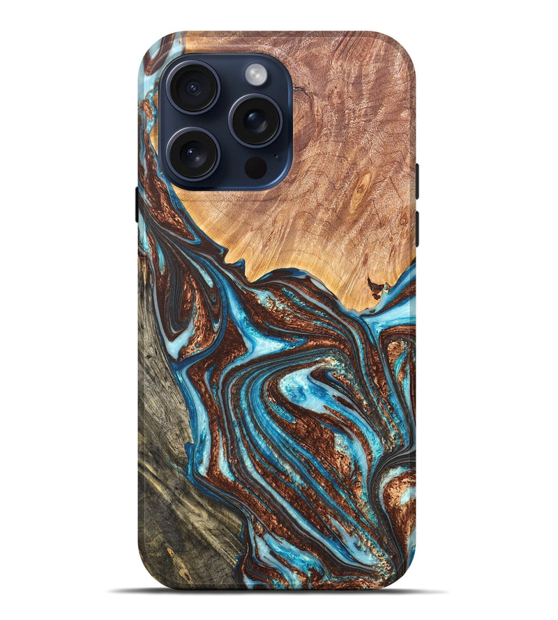iPhone 15 Pro Max Wood+Resin Live Edge Phone Case - Camila (Teal & Gold, 663117)