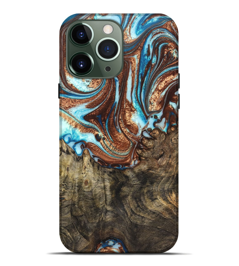 iPhone 13 Pro Max Wood+Resin Live Edge Phone Case - Giselle (Teal & Gold, 663118)