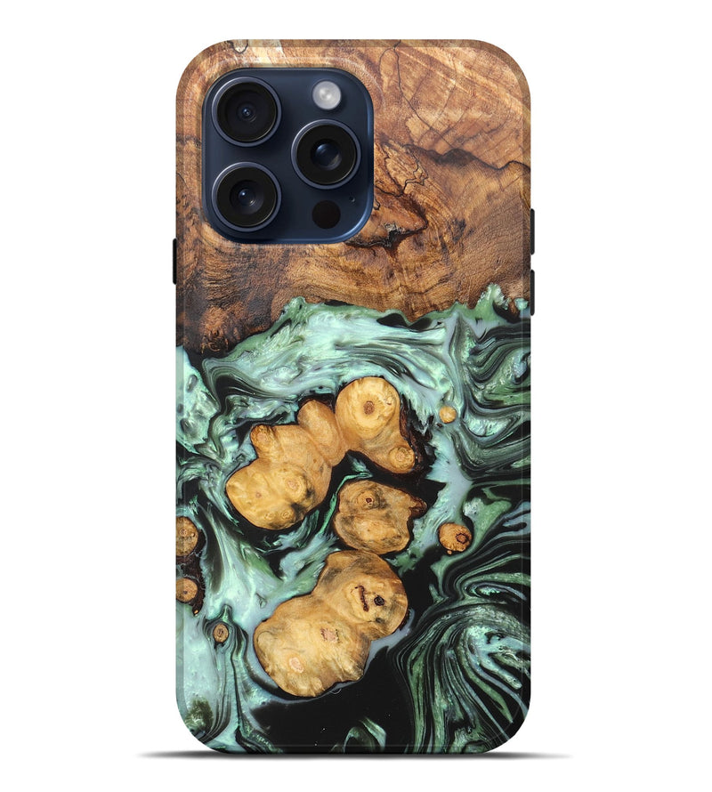 iPhone 15 Pro Max Wood+Resin Live Edge Phone Case - Aria (Green, 663127)