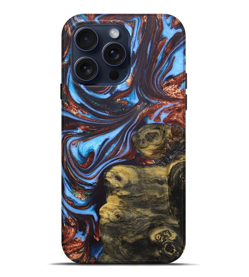 iPhone 15 Pro Max Wood+Resin Live Edge Phone Case - Santiago (Teal & Gold, 663147)