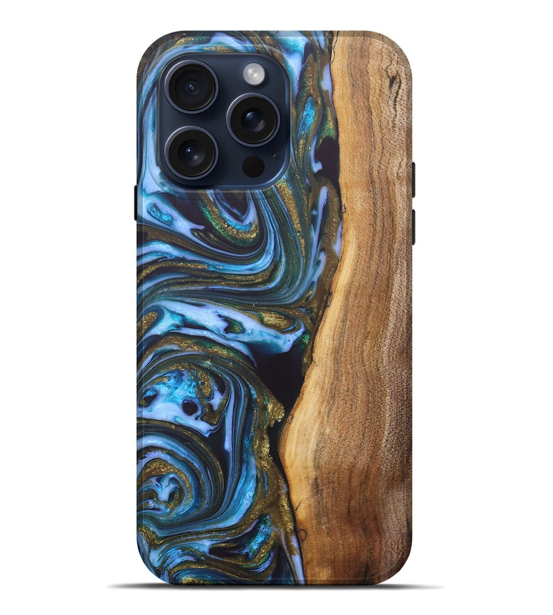 iPhone 15 Pro Max Wood+Resin Live Edge Phone Case - Roman (Teal & Gold, 663148)