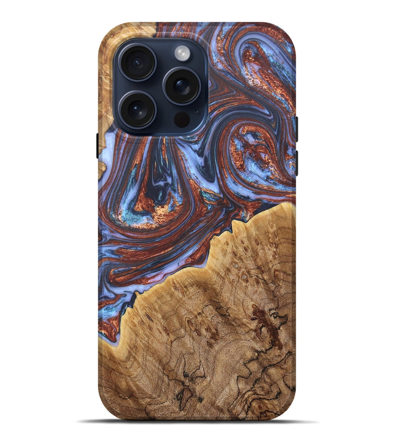 iPhone 15 Pro Max Wood+Resin Live Edge Phone Case - Trevon (Teal & Gold, 663149)