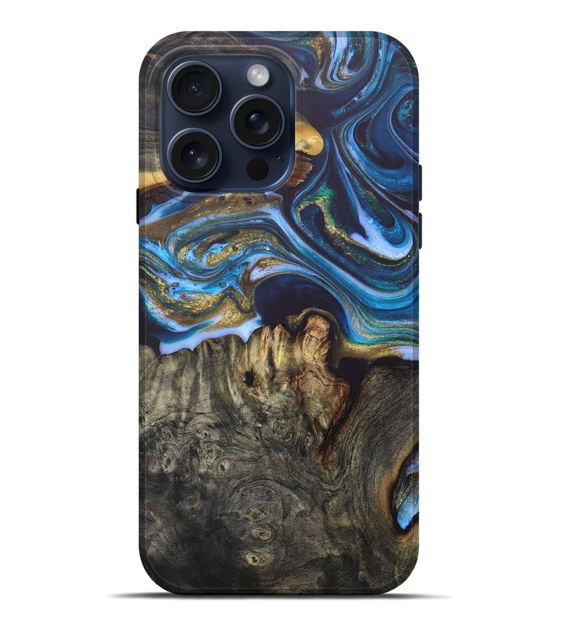 iPhone 15 Pro Max Wood+Resin Live Edge Phone Case - Messiah (Teal & Gold, 663150)