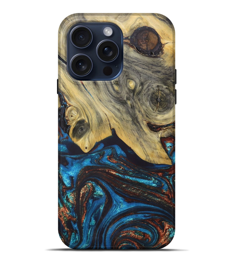 iPhone 15 Pro Max Wood+Resin Live Edge Phone Case - Sarah (Teal & Gold, 663151)