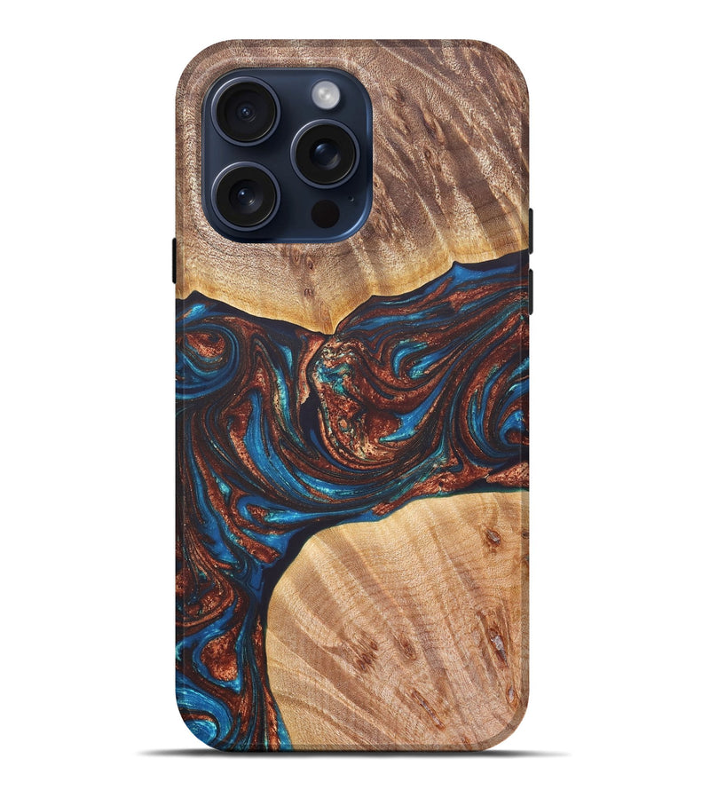 iPhone 15 Pro Max Wood+Resin Live Edge Phone Case - Willard (Teal & Gold, 663152)