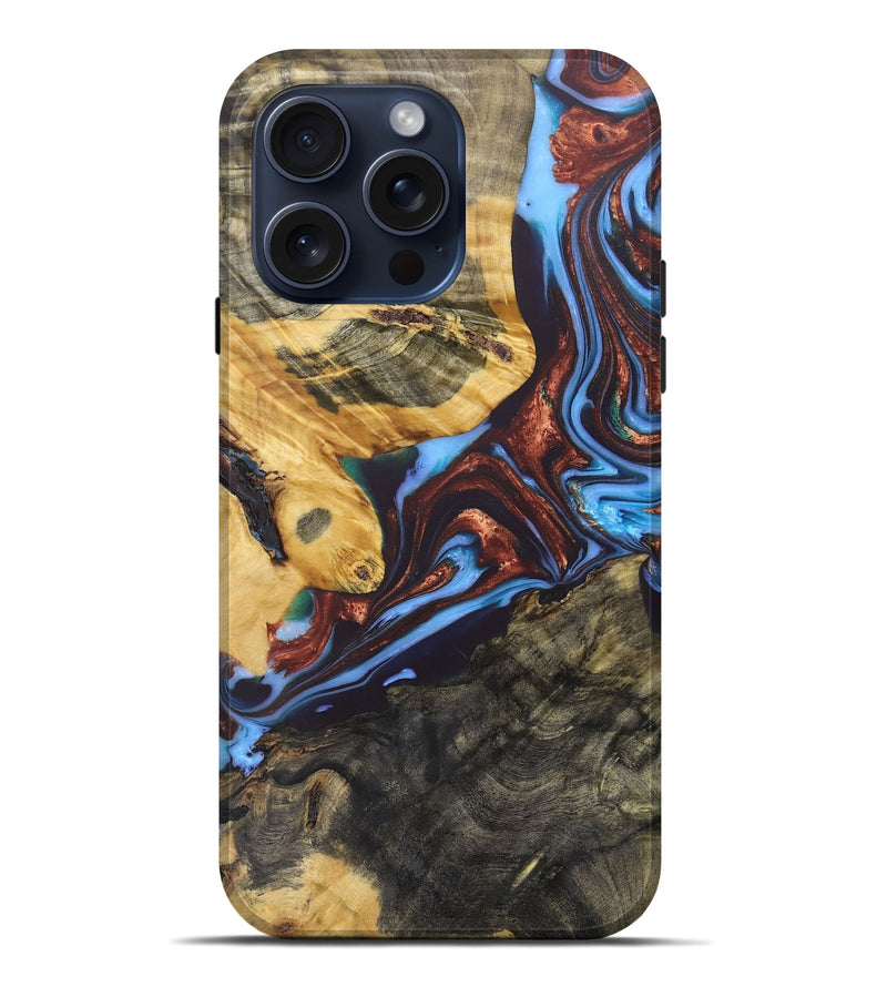 iPhone 15 Pro Max Wood+Resin Live Edge Phone Case - Catina (Teal & Gold, 663154)
