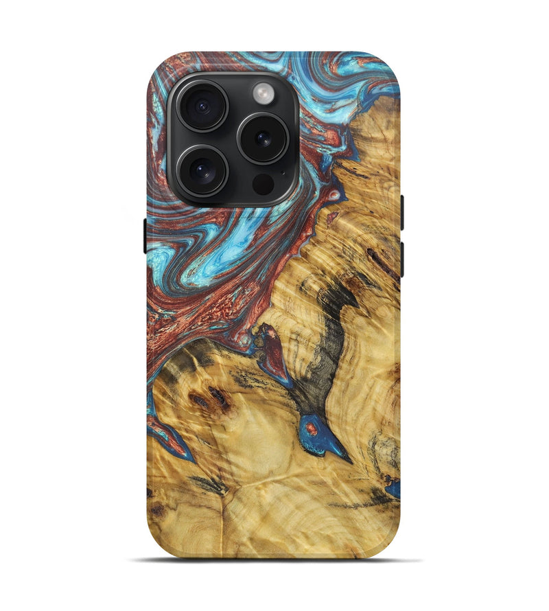iPhone 15 Pro Wood+Resin Live Edge Phone Case - Myra (Teal & Gold, 663172)