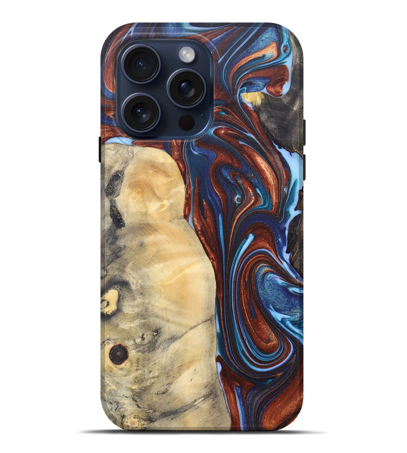 iPhone 15 Pro Max Wood+Resin Live Edge Phone Case - Emmanuel (Teal & Gold, 663424)