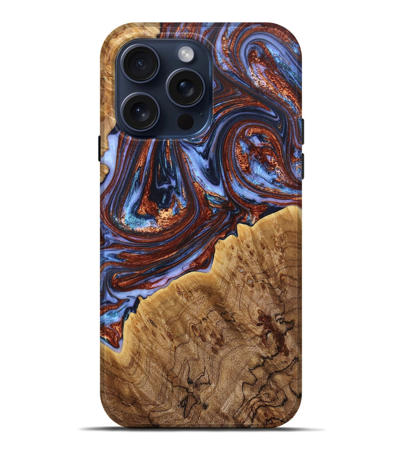 iPhone 15 Pro Max Wood+Resin Live Edge Phone Case - Dante (Teal & Gold, 663889)