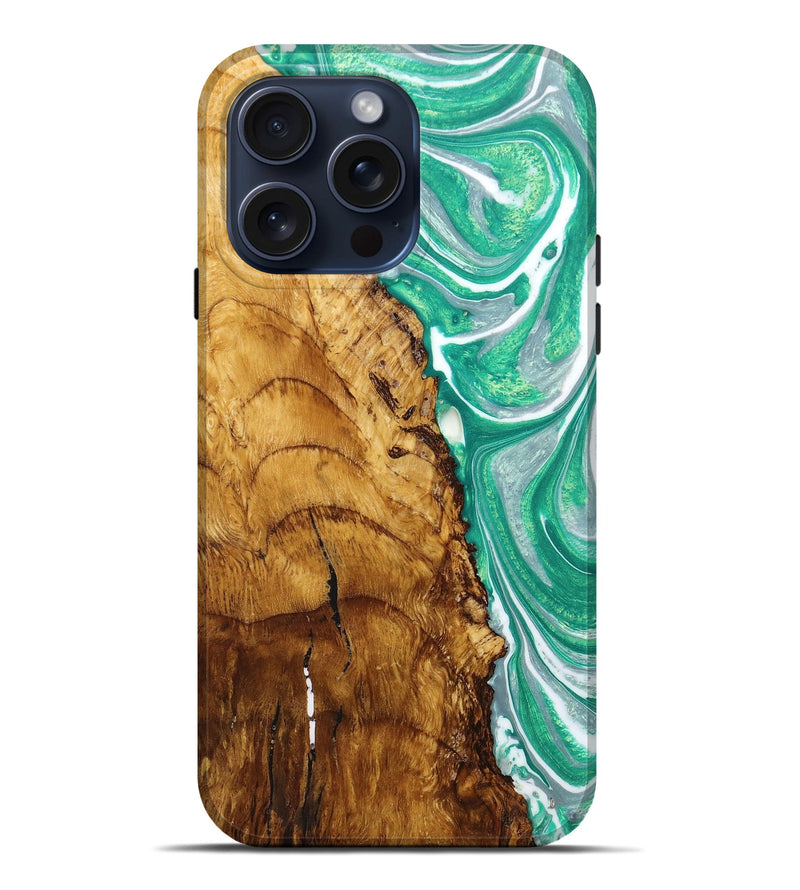 iPhone 15 Pro Max Wood+Resin Live Edge Phone Case - Lawrence (Green, 663894)