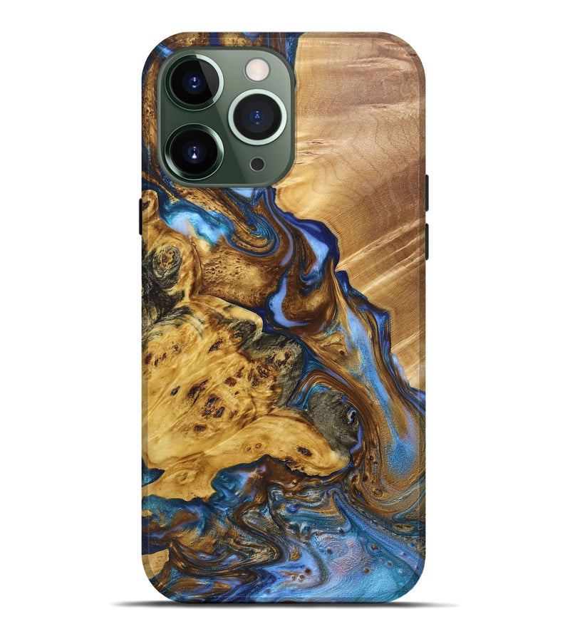 iPhone 13 Pro Max Wood+Resin Live Edge Phone Case - Lori (Teal & Gold, 663896)