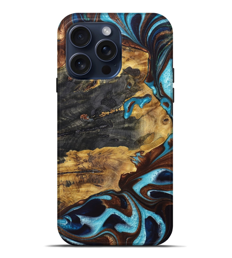 iPhone 15 Pro Max Wood+Resin Live Edge Phone Case - Opal (Teal & Gold, 663904)