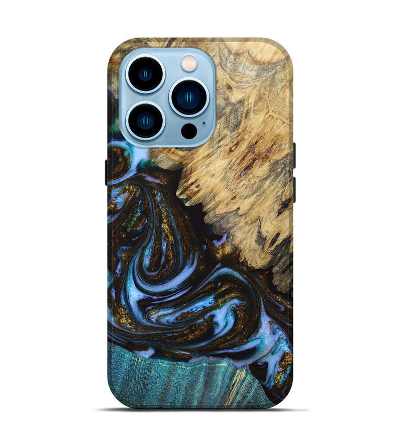 iPhone 14 Pro Wood+Resin Live Edge Phone Case - Ivy (Teal & Gold, 663905)