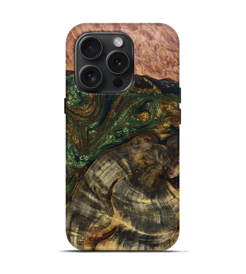 iPhone 15 Pro Wood+Resin Live Edge Phone Case - Jennie (Green, 663918)