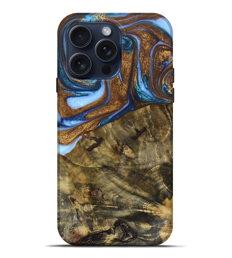 iPhone 15 Pro Max Wood+Resin Live Edge Phone Case - Myrna (Teal & Gold, 663943)