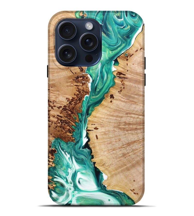 iPhone 15 Pro Max Wood+Resin Live Edge Phone Case - Irene (Green, 663944)