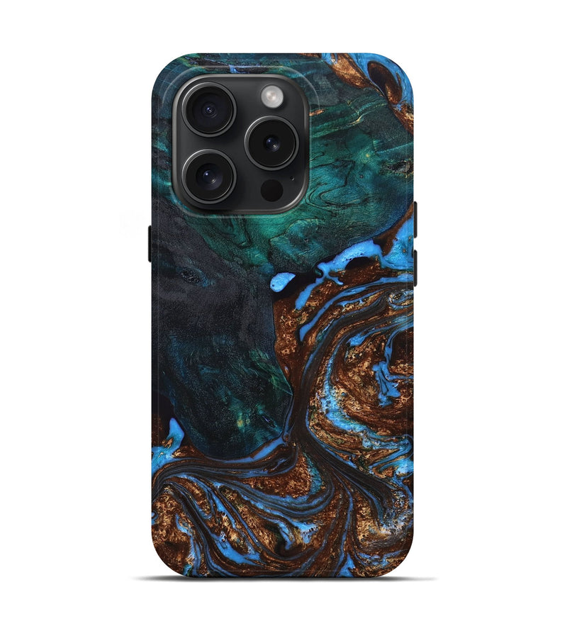 iPhone 15 Pro Wood+Resin Live Edge Phone Case - Elise (Teal & Gold, 664307)