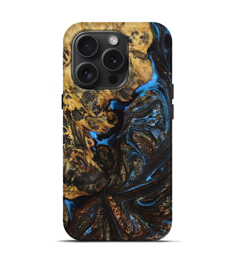iPhone 15 Pro Wood+Resin Live Edge Phone Case - Geoffrey (Teal & Gold, 664308)