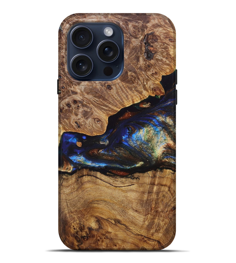 iPhone 15 Pro Max Wood+Resin Live Edge Phone Case - Ella (Teal & Gold, 664309)