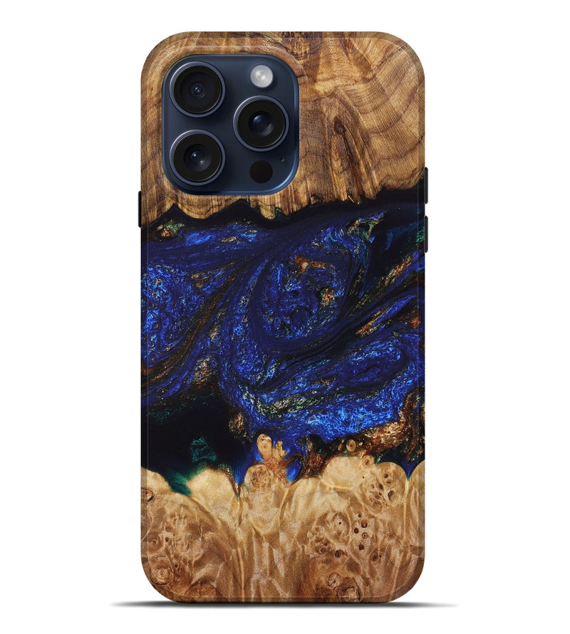 iPhone 15 Pro Max Wood+Resin Live Edge Phone Case - Tania (Teal & Gold, 664310)