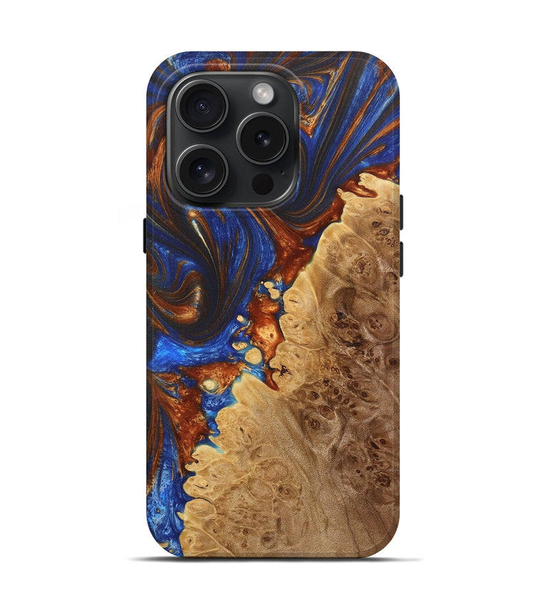 iPhone 15 Pro Wood+Resin Live Edge Phone Case - Desmond (Teal & Gold, 664338)