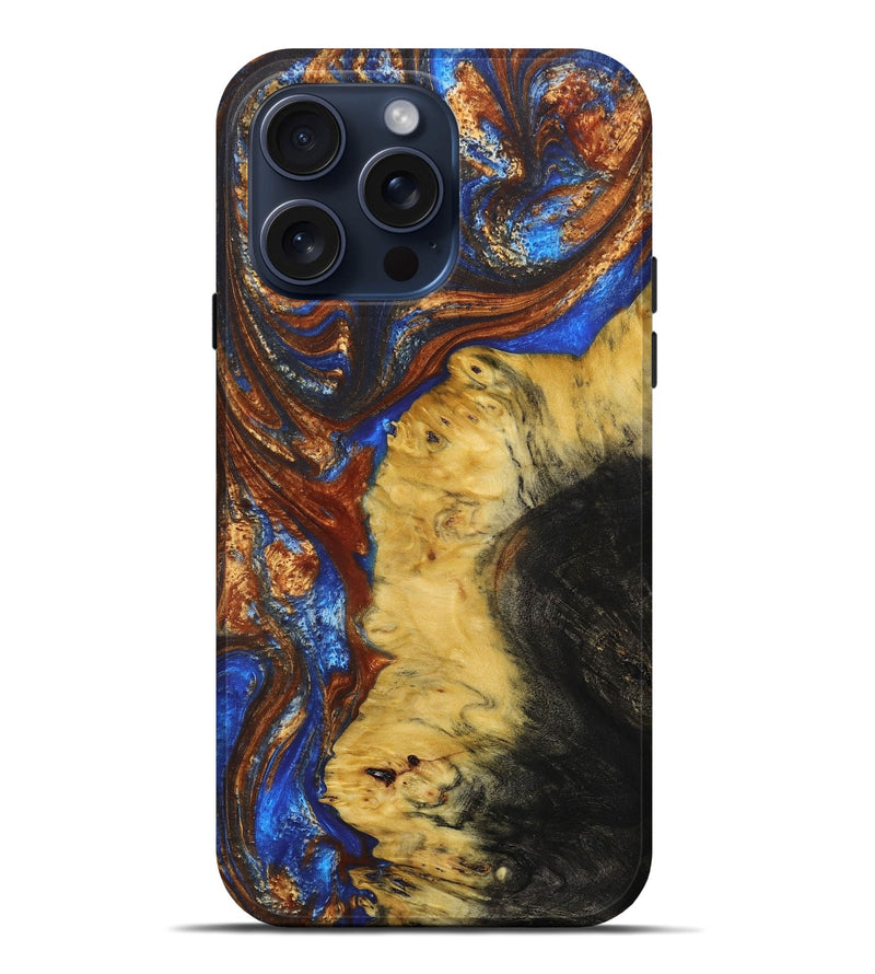 iPhone 15 Pro Max Wood+Resin Live Edge Phone Case - Braylen (Teal & Gold, 664344)
