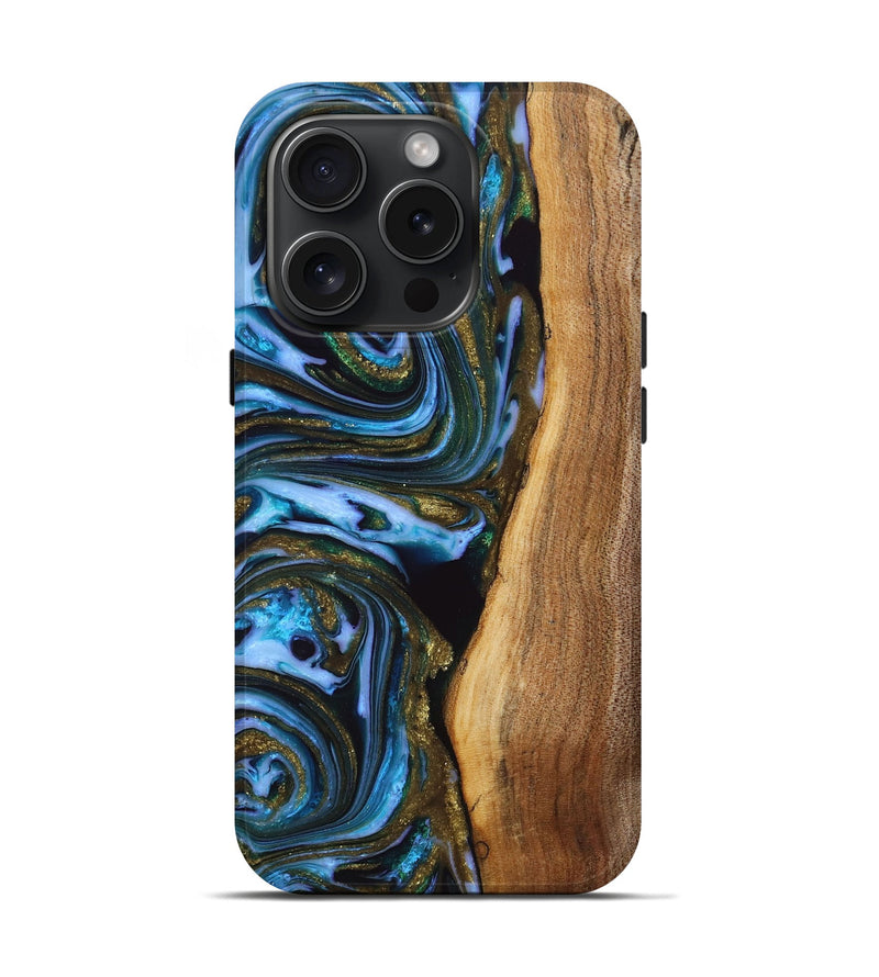 iPhone 15 Pro Wood+Resin Live Edge Phone Case - Faye (Teal & Gold, 664349)