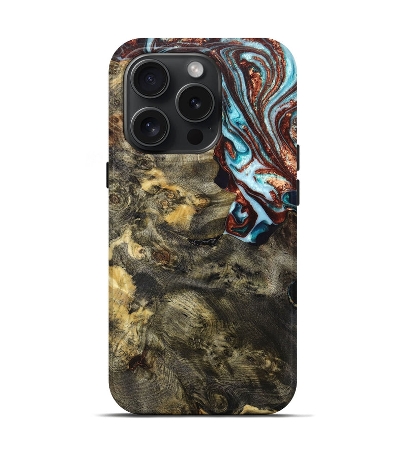 iPhone 15 Pro Wood+Resin Live Edge Phone Case - Todd (Teal & Gold, 664353)