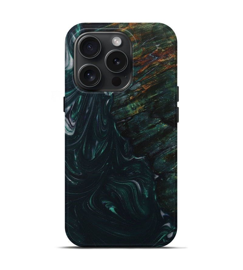 iPhone 15 Pro Wood+Resin Live Edge Phone Case - Aidan (Green, 664355)