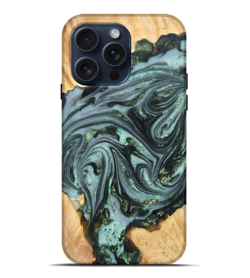 iPhone 15 Pro Max Wood+Resin Live Edge Phone Case - Ginger (Green, 665141)