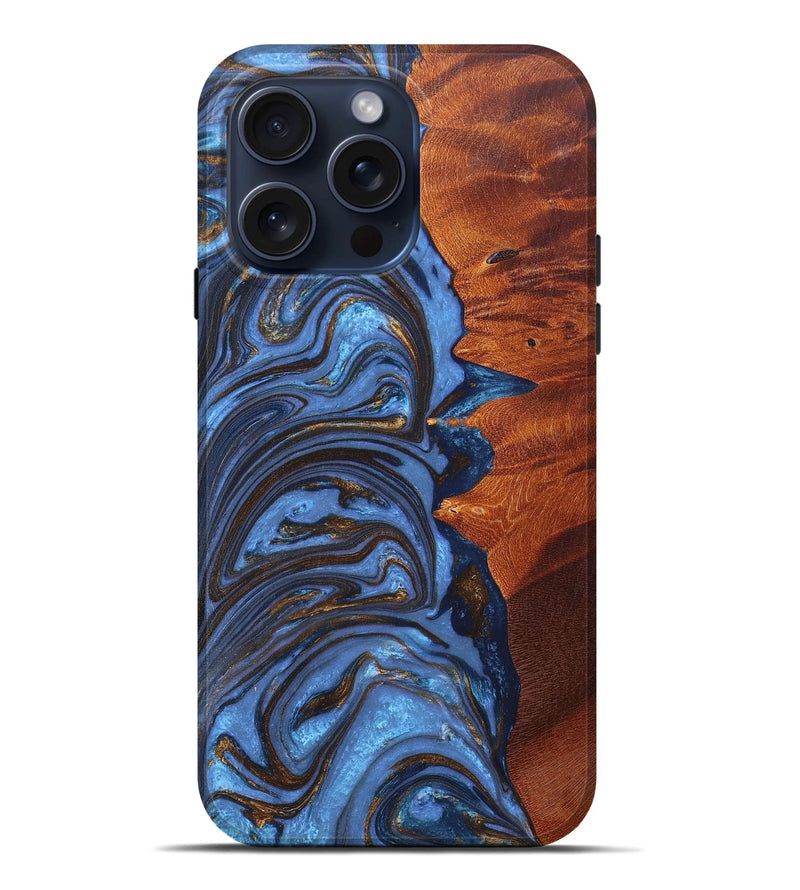 iPhone 15 Pro Max Wood+Resin Live Edge Phone Case - Shelia (Teal & Gold, 665145)