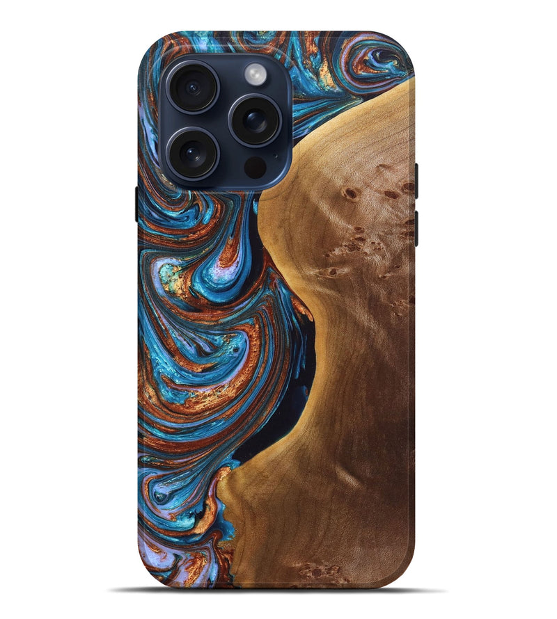 iPhone 15 Pro Max Wood+Resin Live Edge Phone Case - Kristi (Teal & Gold, 665146)