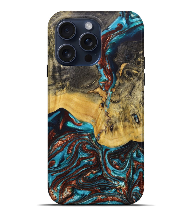 iPhone 15 Pro Max Wood+Resin Live Edge Phone Case - Tatum (Teal & Gold, 665147)