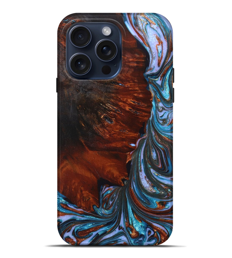 iPhone 15 Pro Max Wood+Resin Live Edge Phone Case - Ari (Teal & Gold, 665154)