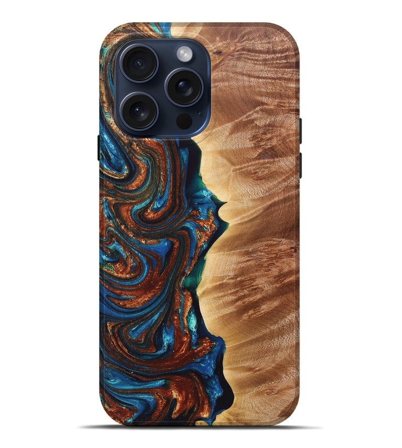 iPhone 15 Pro Max Wood+Resin Live Edge Phone Case - Jonathon (Teal & Gold, 665166)