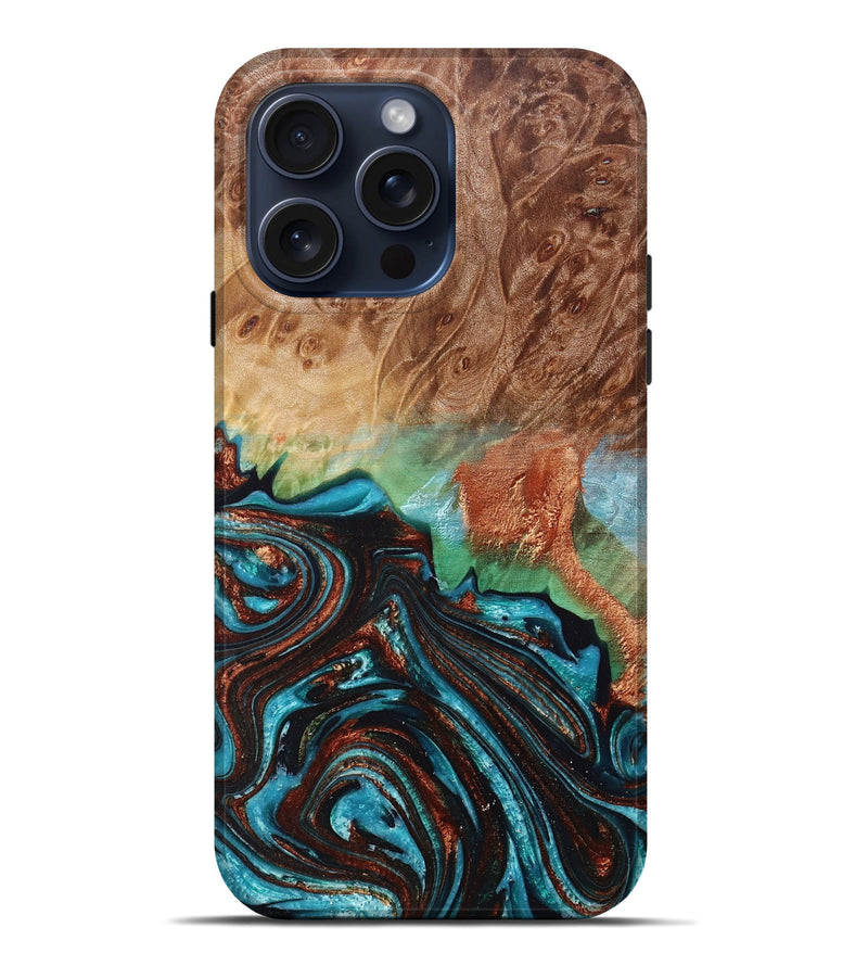 iPhone 15 Pro Max Wood+Resin Live Edge Phone Case - Barrett (Teal & Gold, 665169)