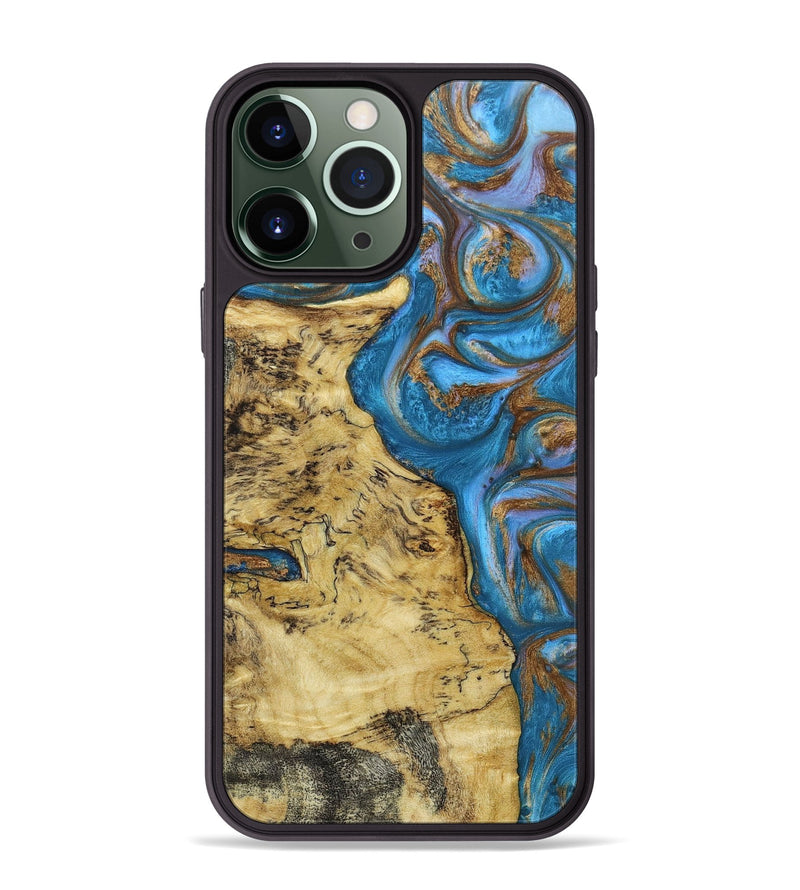 iPhone 13 Pro Max Wood+Resin Phone Case - Tami (Teal & Gold, 665343)
