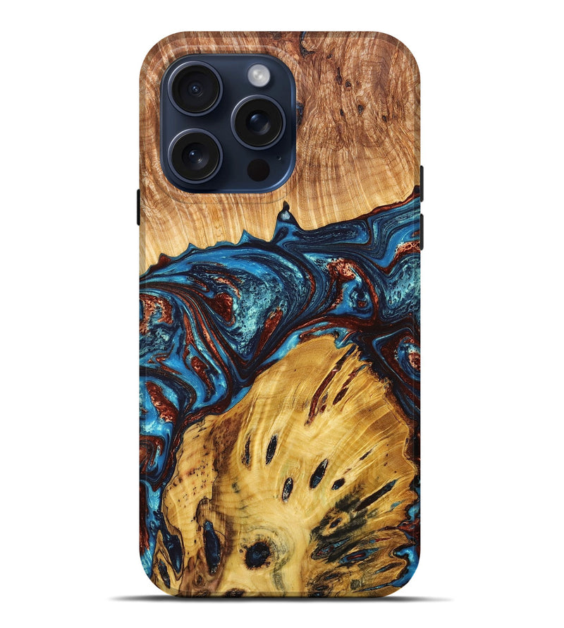 iPhone 15 Pro Max Wood+Resin Live Edge Phone Case - Lillie (Teal & Gold, 665401)